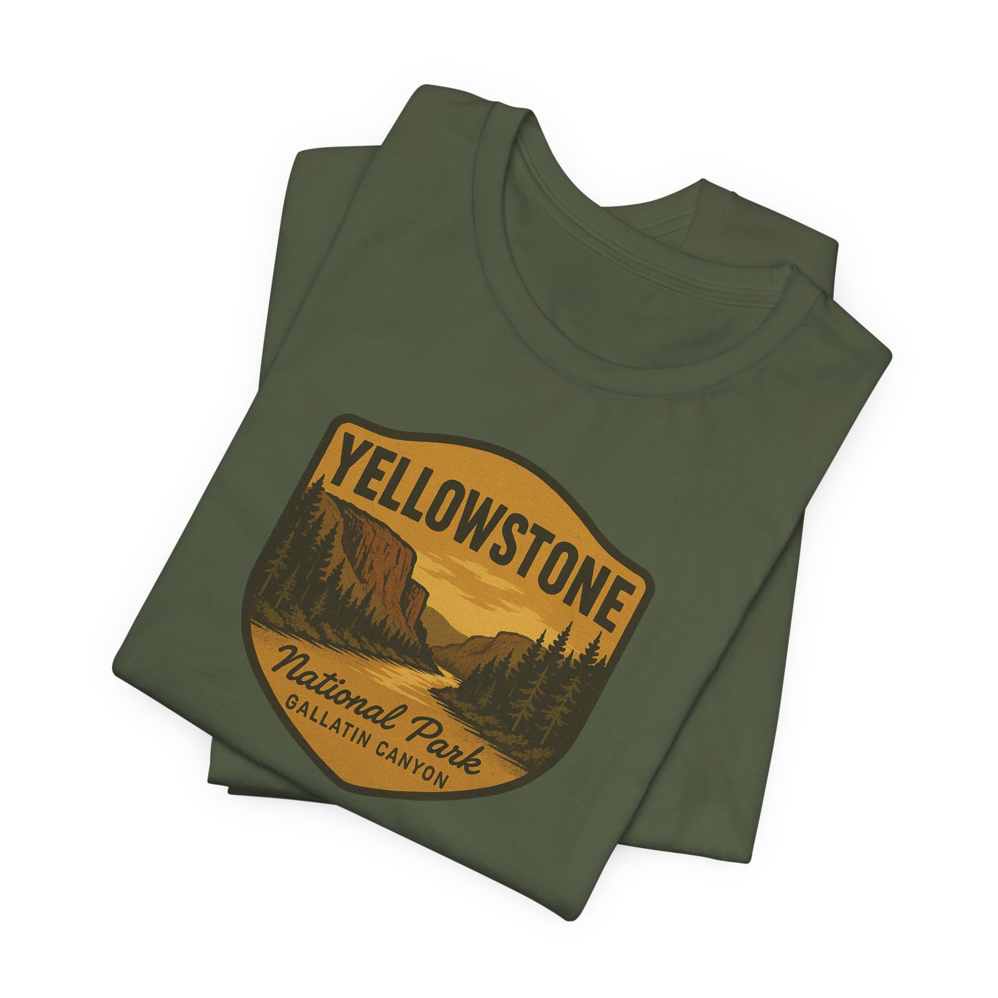 Military Green Yellowstone National Park Gallatin Canyon Men's Casual Tee - Folded